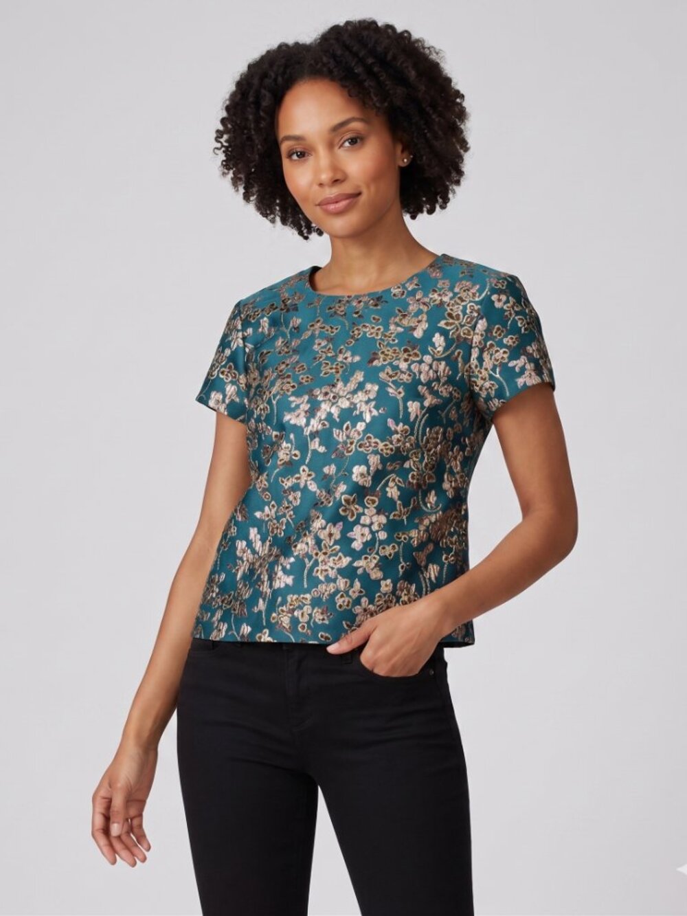 J. Crew Collection Metallic Brocade Floral Jacquard Top Emerald Gold S